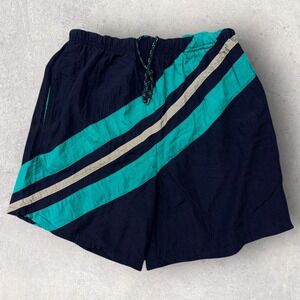 Vintage Basic Editions Navy Teal Striped Nylon Windbreaker Shorts Mens Medium